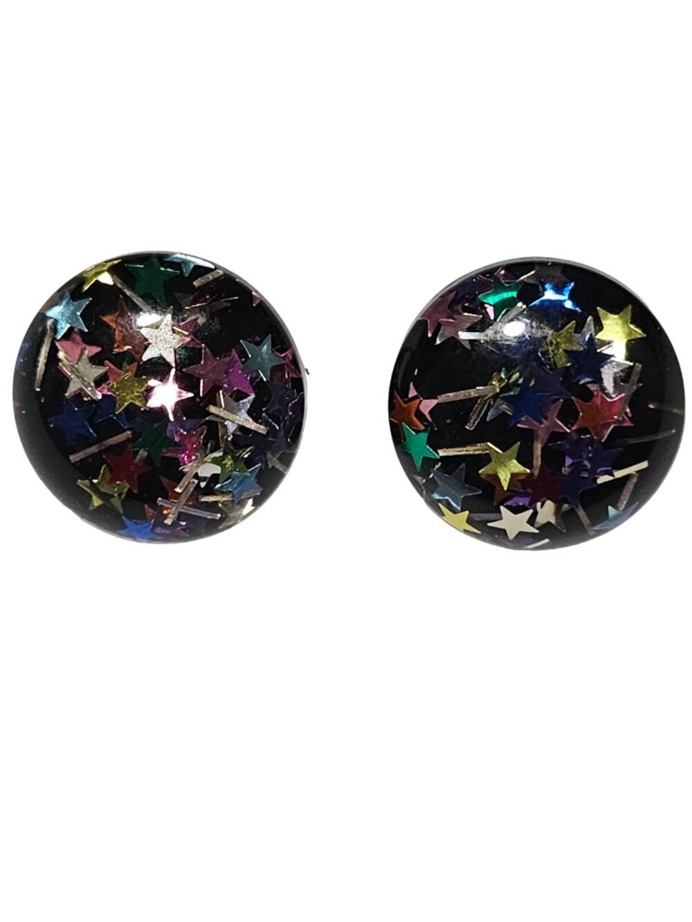 Vintage Confetti Clip On Earrings Resin Black Colorful Stars Retro Jewelry Women
